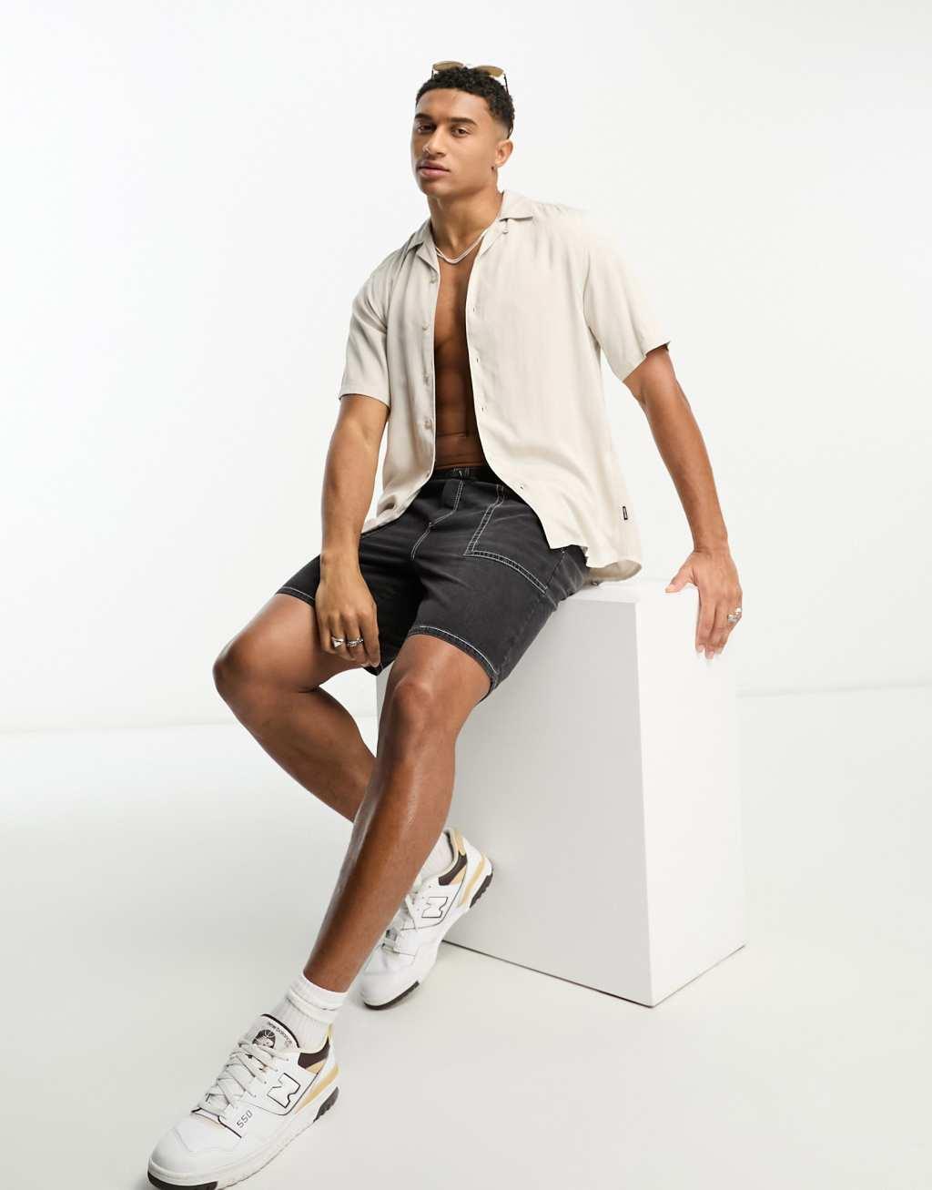 Only & Sons short sleeve viscose shirt with revere collar in beige Product Image