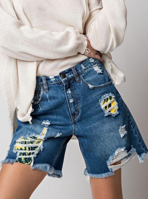 Tropical Destroyed Denim Shorts Product Image