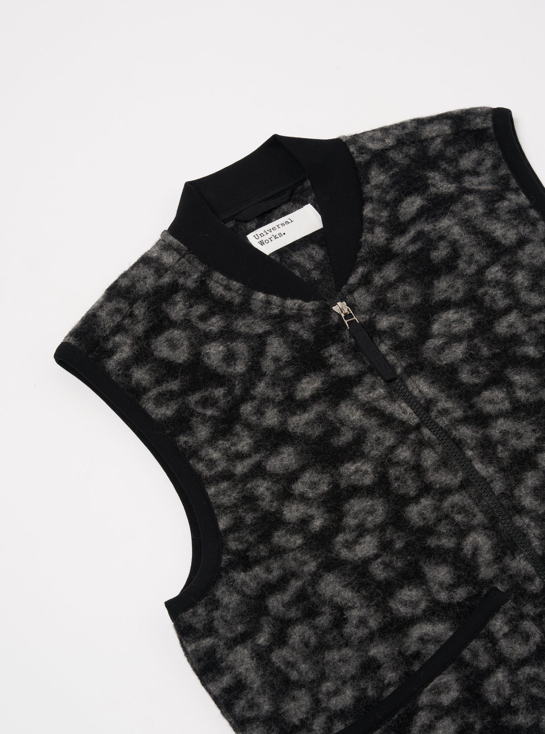 Universal Works Zip Waistcoat in Black/Charcoal Leopard Fleece Product Image