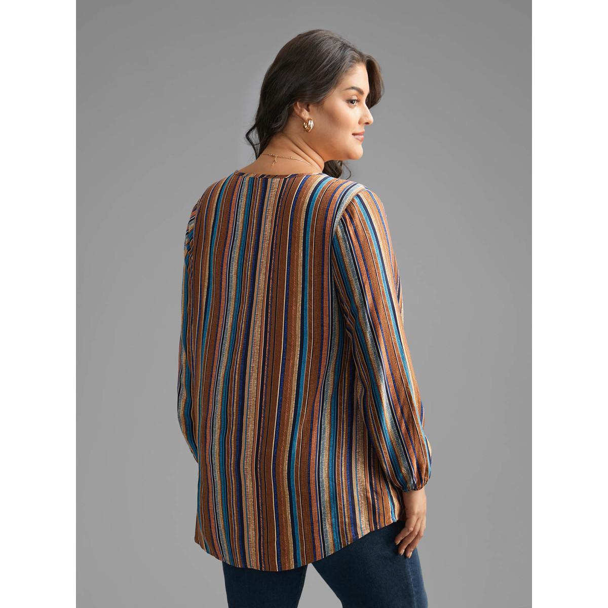 Plus Size Multicolor Contrast Striped Pocket Lantern Sleeve Blouse Women Elegant Extra Long Sleeve V-neck Everyday Blouses BloomChic 10/M Product Image