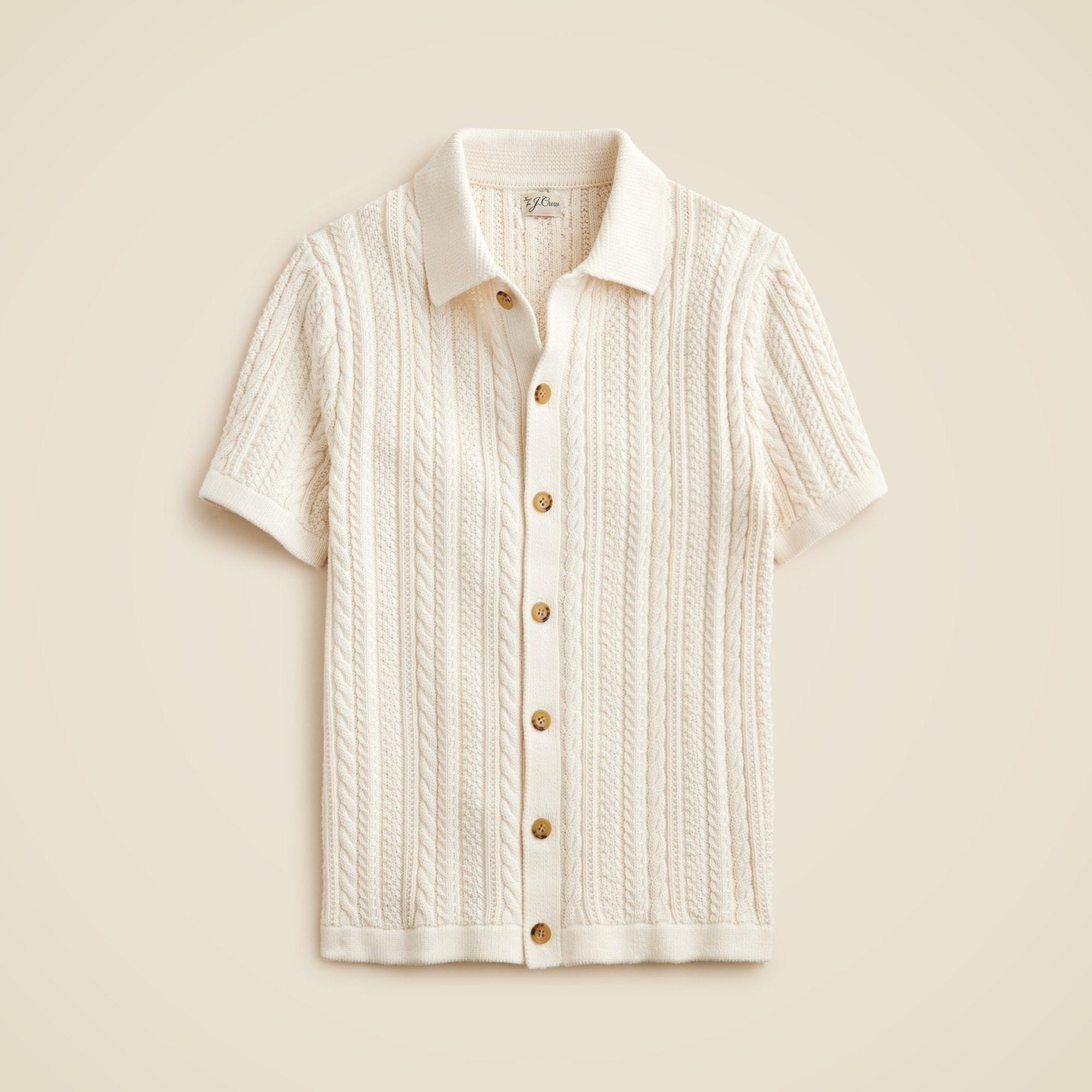 Short-sleeve cotton cable-knit cardigan sweater-polo Product Image