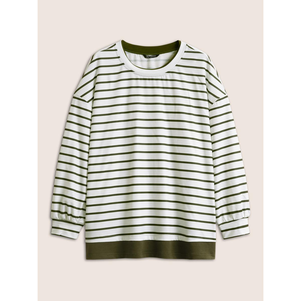 Plus Size 2-In-1 Contrast Striped Patchwork Sweatshirt Women ArmyGreen Casual Contrast Round Neck Everyday Sweatshirts BloomChic 14-16/1X Product Image