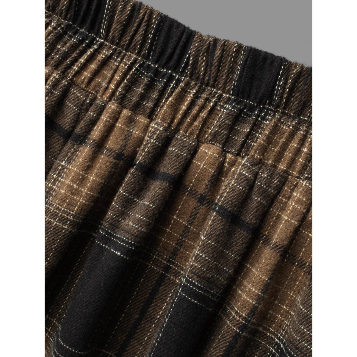 Plus Size Plaid Elastic Waist Slant Pocket Skirt Women Yellowishbrown Elegant No stretch Slanted pocket Everyday Skirts BloomChic 22-24/3X Product Image