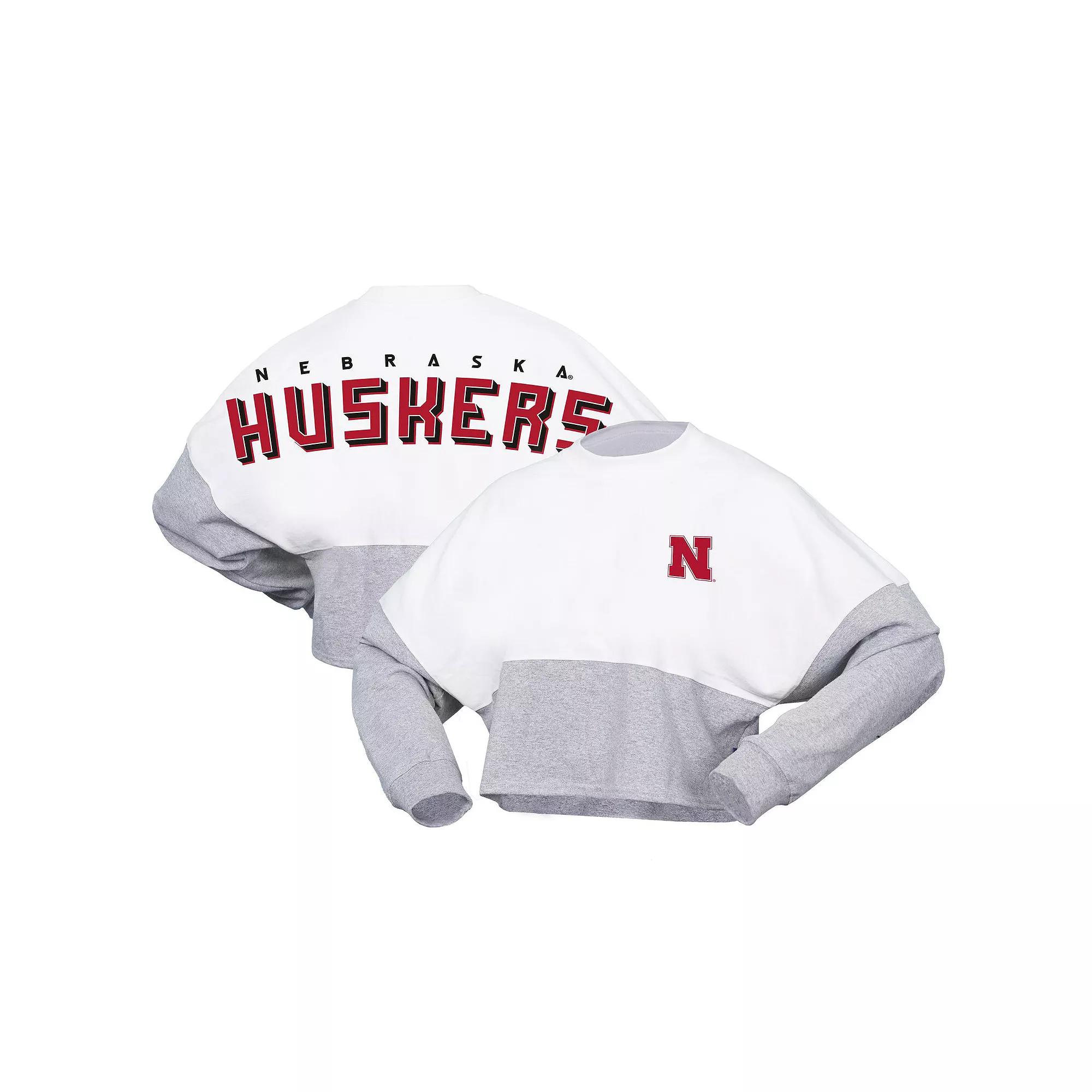 Women's Spirit Jersey White Nebraska Huskers Heather Block Cropped Long Sleeve Jersey T-Shirt,  Product Image