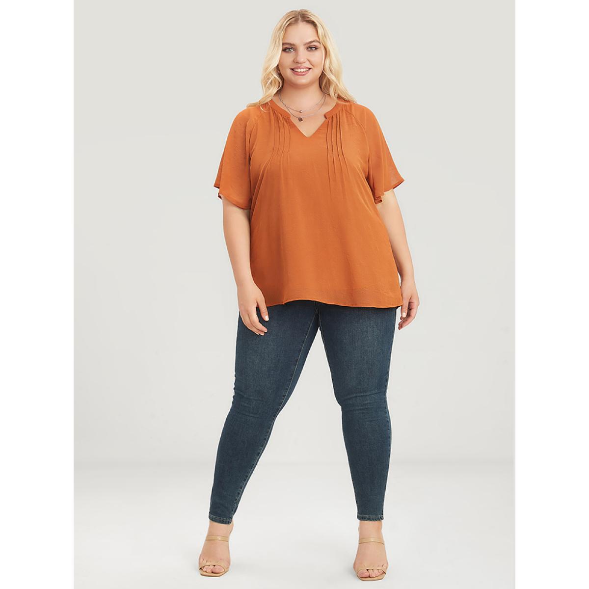 Plus Size Maroon Solid Notched Pleated Mesh Raglan Sleeve Blouse Women Casual Short sleeve V-neck Dailywear Blouses BloomChic 26/4X Product Image