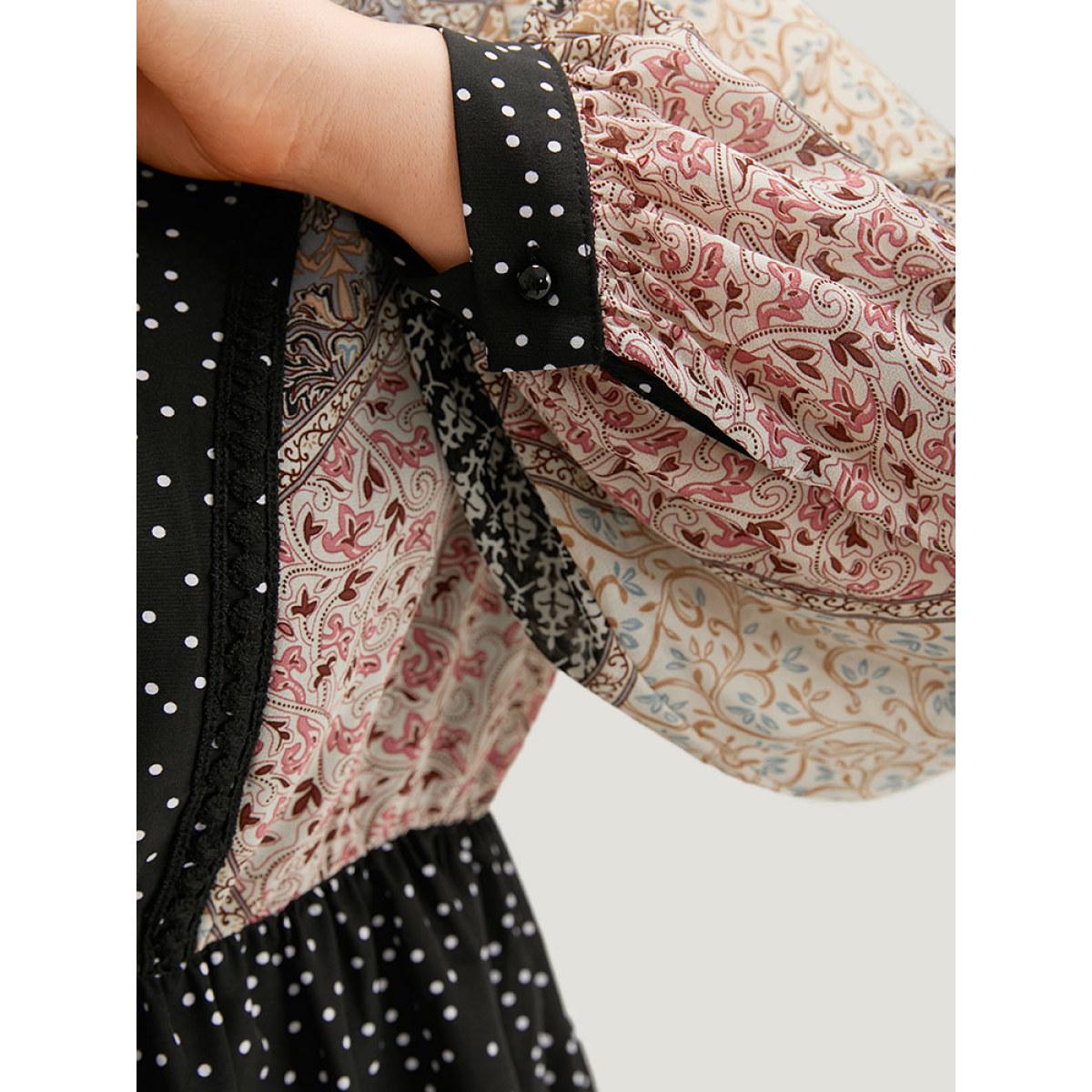 Plus Size BlackFlower Bandana Polka Dot Patchwork Contrast Blouse Women Vacation Long Sleeve V-neck Vacation Blouses BloomChic 12/L Product Image