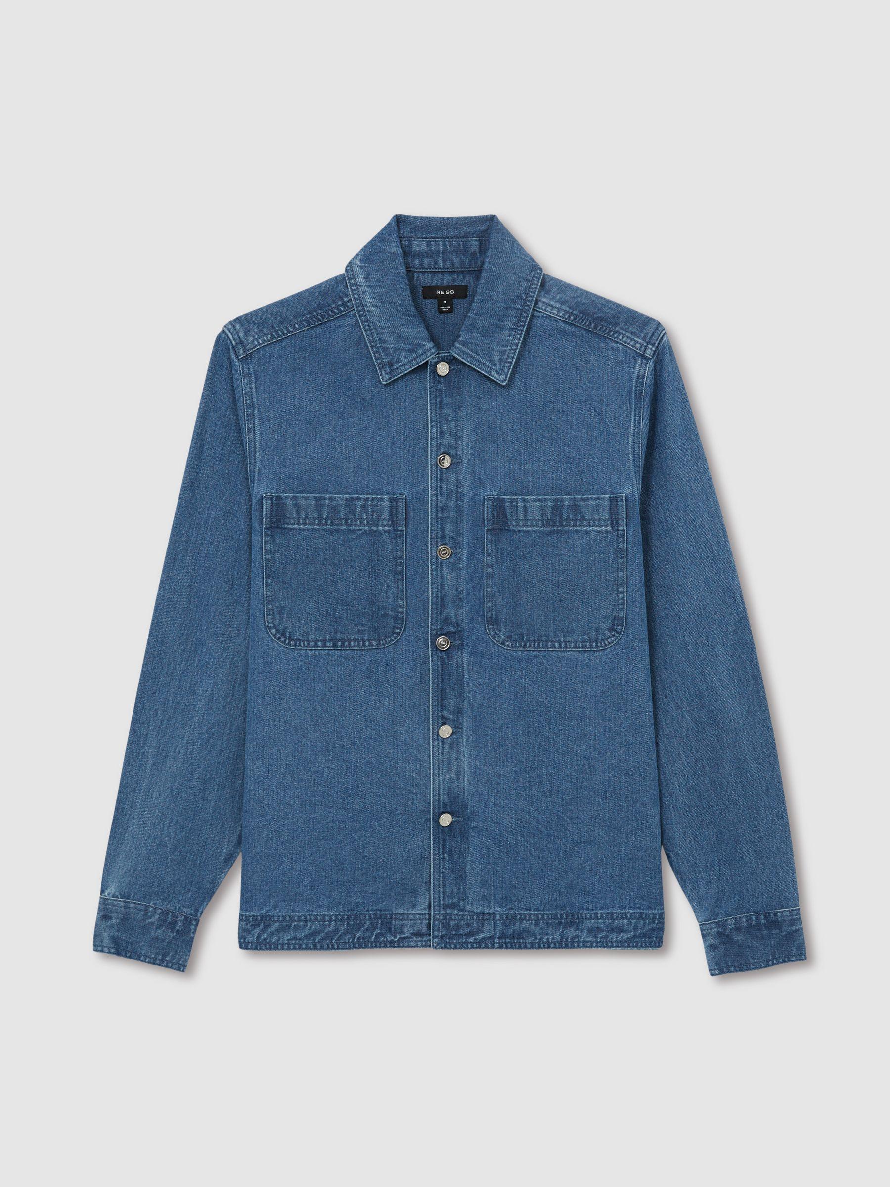 Cotton-Denim Button-Through Overshirt in Light Blue Wash Product Image