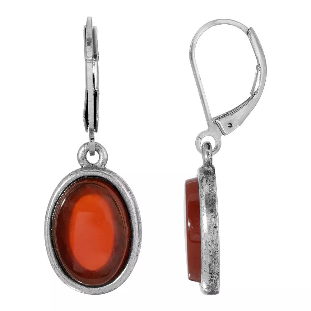 1928 Silver Tone Stone Oval Drop Earrings, Women's, Red Product Image