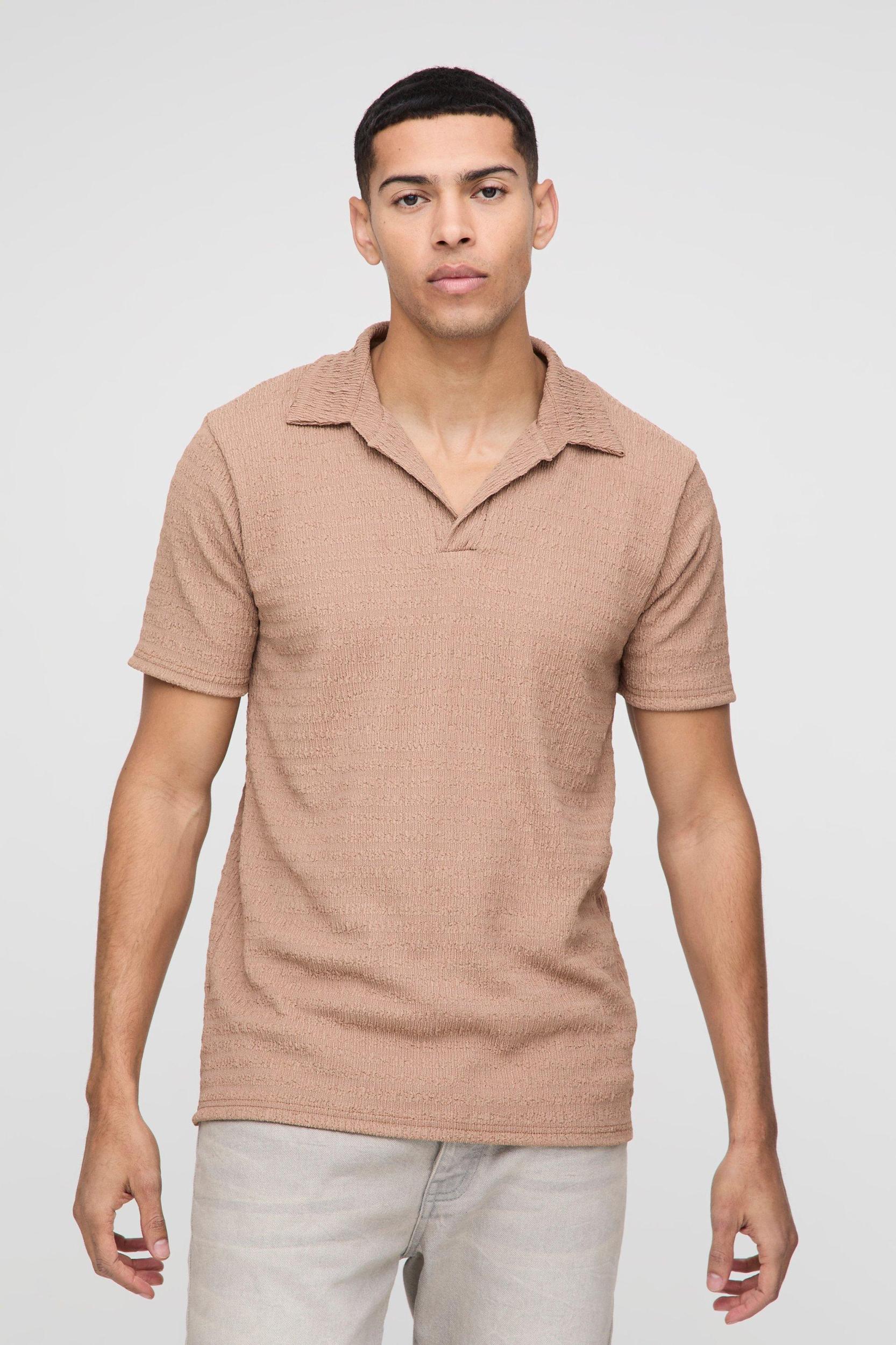 Slim Textured Revere Polo | boohooMAN USA Product Image