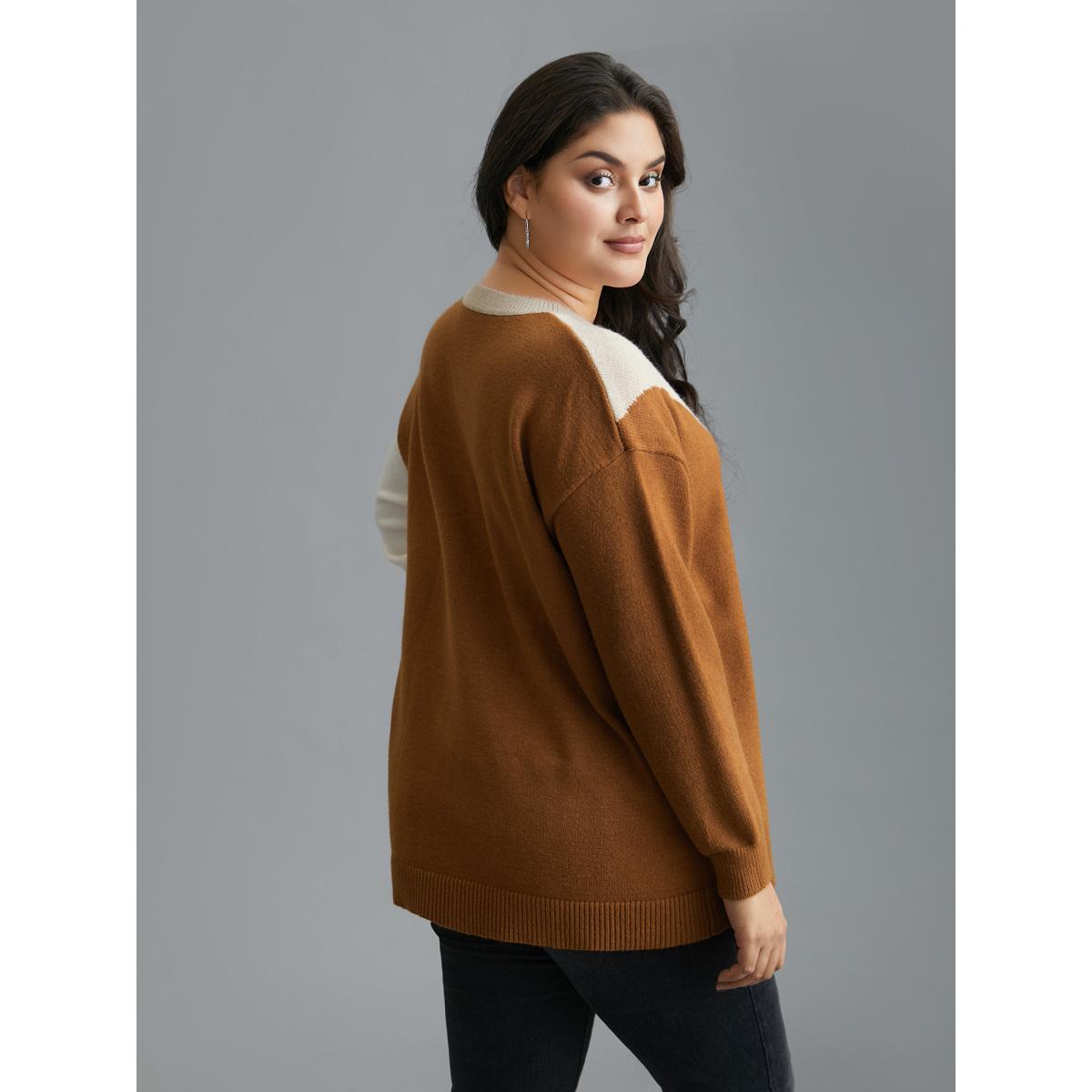 Plus Size Supersoft Essentials Color Block Crew Neck Pullover Yellowishbrown Women Casual Loose Long Sleeve Round Neck Everyday Pullovers BloomChic 22-24/3X Product Image