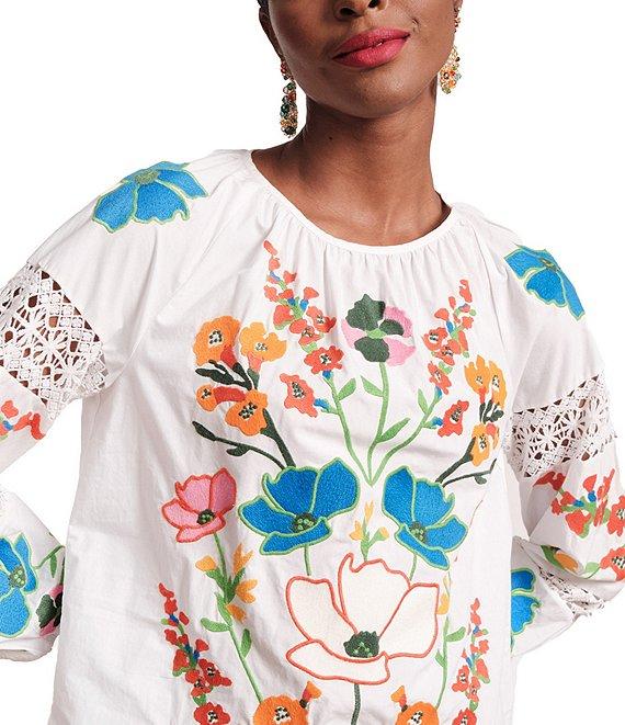 FRANCES VALENTINE Saskia Botanical Embroidery Smocked Round Neck Long Sleeve Blouse Product Image