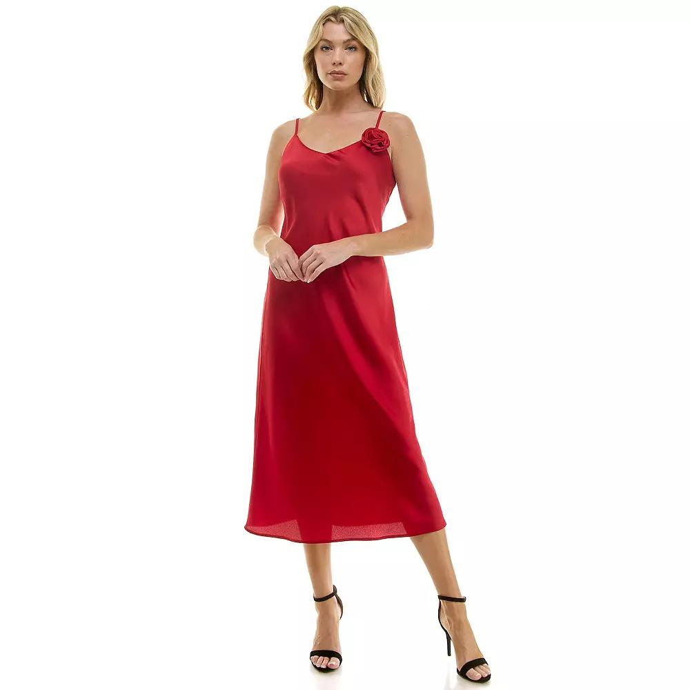 Women's Luxology V-Neck Rosette Bias Satin Midi Dress, Size: Large, Red Product Image