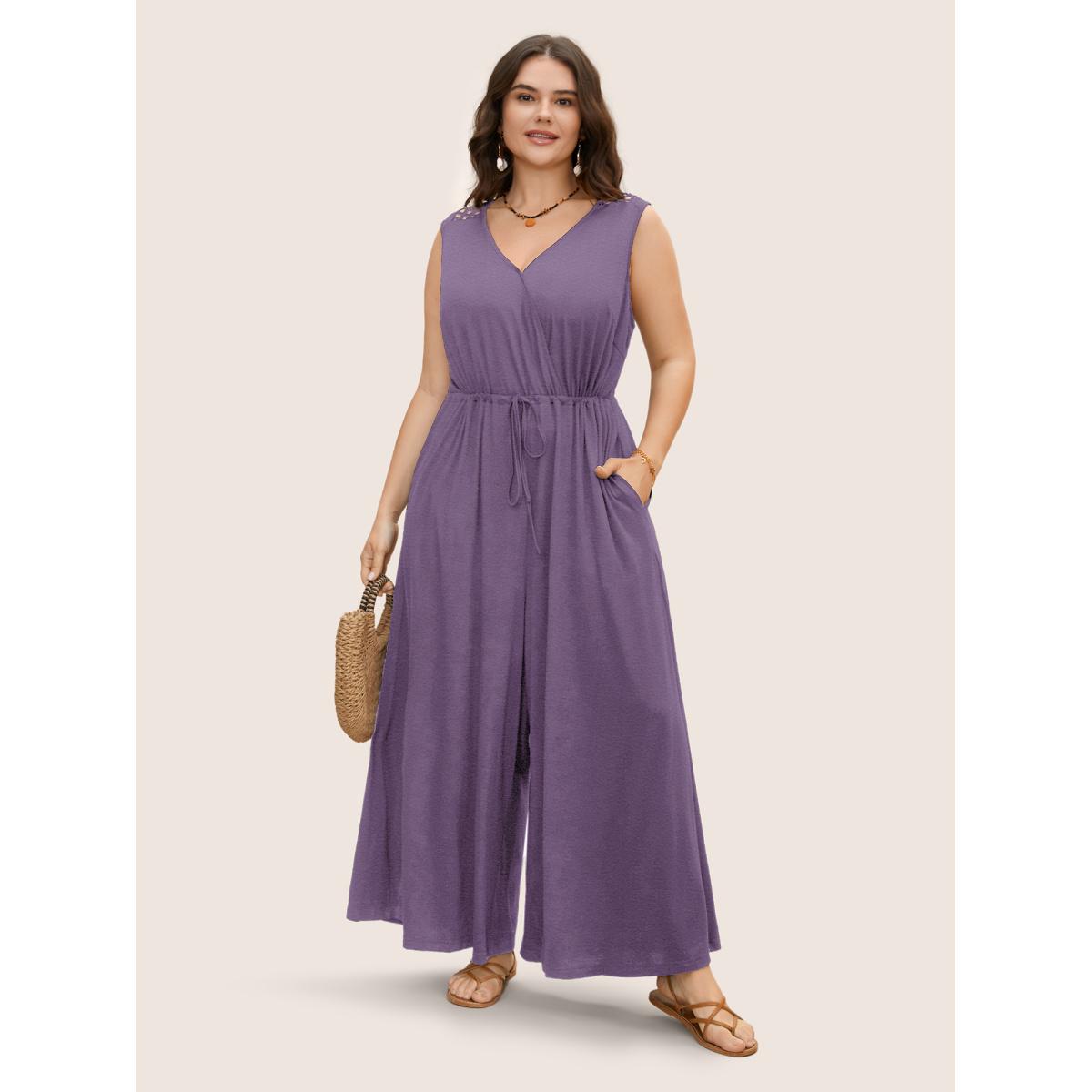 Plus Size Mauve V Neck Crocheted Cut Out Jumpsuit Women Resort Sleeveless V-neck Vacation Loose Jumpsuits BloomChic 14-16/1X Product Image
