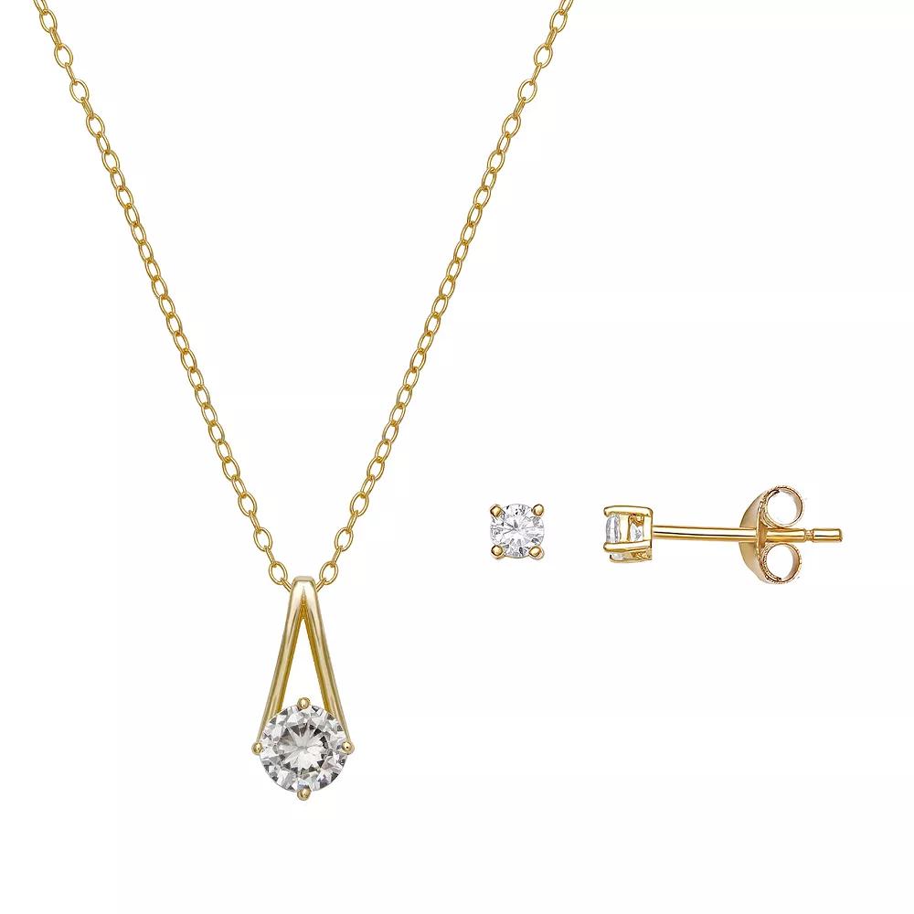 PRIMROSE Sterling Silver Cubic Zirconia Drop Pendant Necklace & Stud Earring Set, Women's, Yellow Gold Sterling Product Image