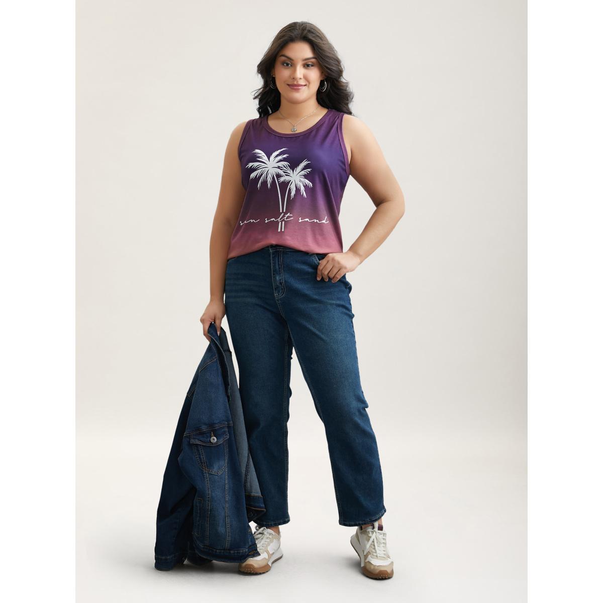 Plus Size Tropical Print Round Neck Gradient Vest Women Multicolor Casual Contrast Round Neck Everyday Tank Tops Camis BloomChic 12/L Product Image