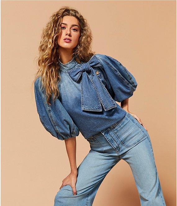 A Loves A Denim 3/4 Puffed Sleeve Pleated Shoulder Tie Neck Denim Top Product Image