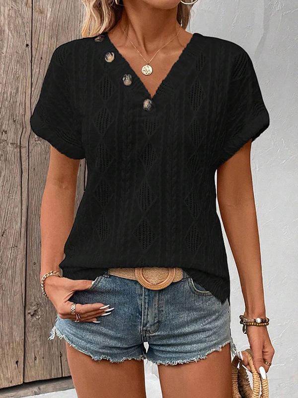 Loose Short Sleeves Buttoned Solid Color V-Neck T-Shirts Tops Product Image
