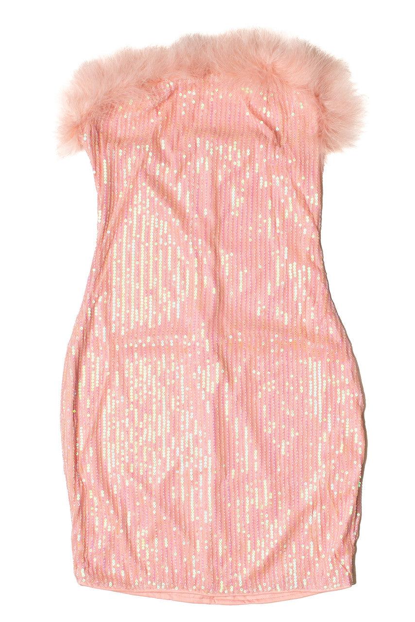 Sequin Fur Trim Strapless Mini Dress Product Image