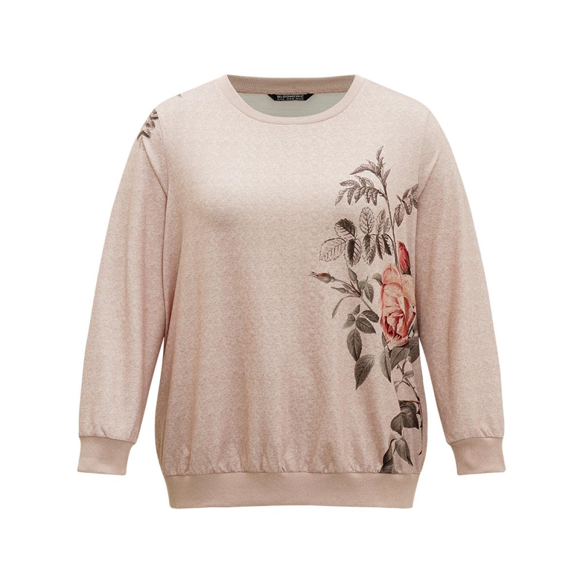 Plus Size Floral Print Elastic Cuffs Sweatshirt Women LightBrown Casual Elastic cuffs Round Neck Dailywear Sweatshirts BloomChic 26/4X Product Image