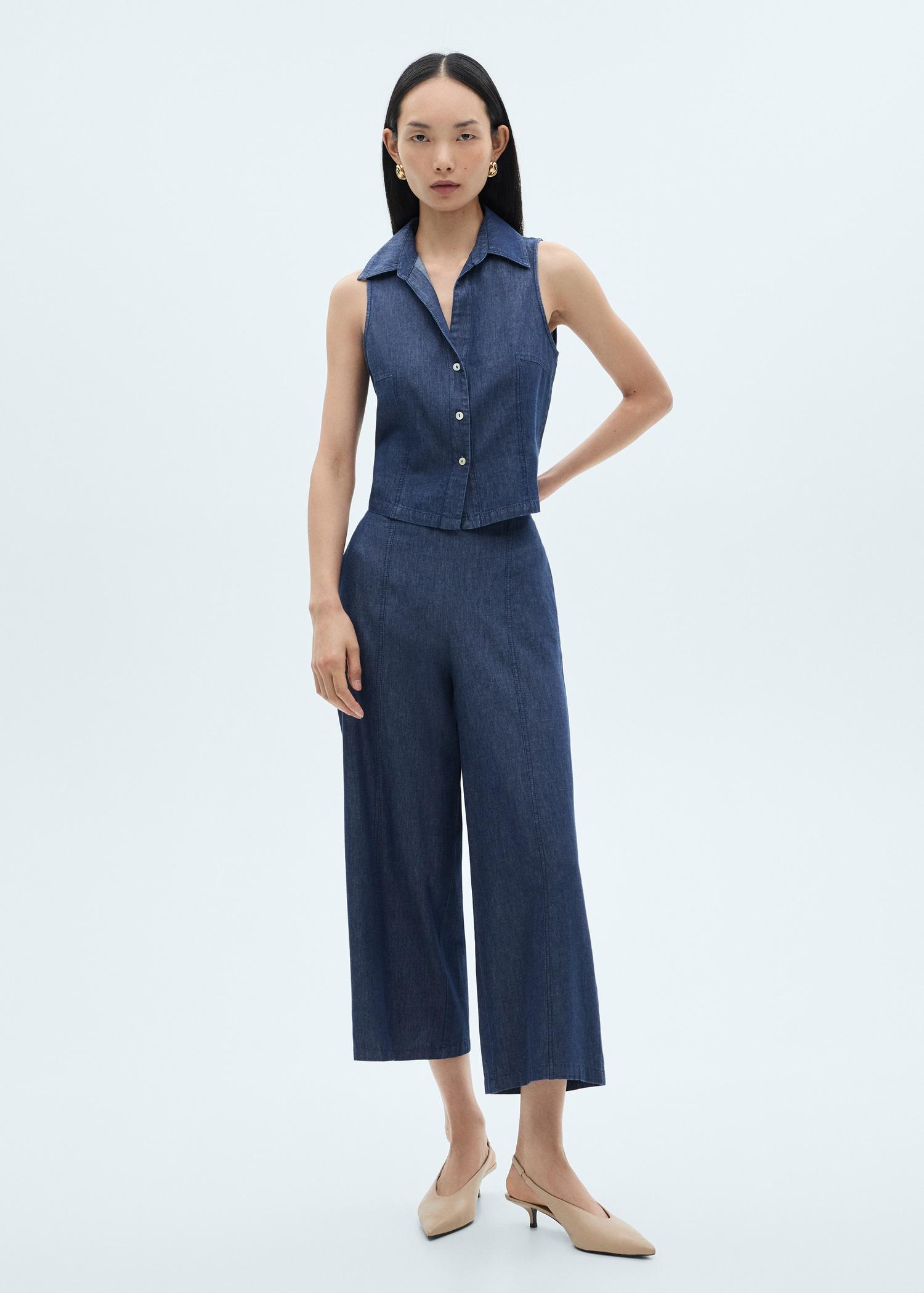 Denim-effect culotte pants - Women | MANGO USA Product Image