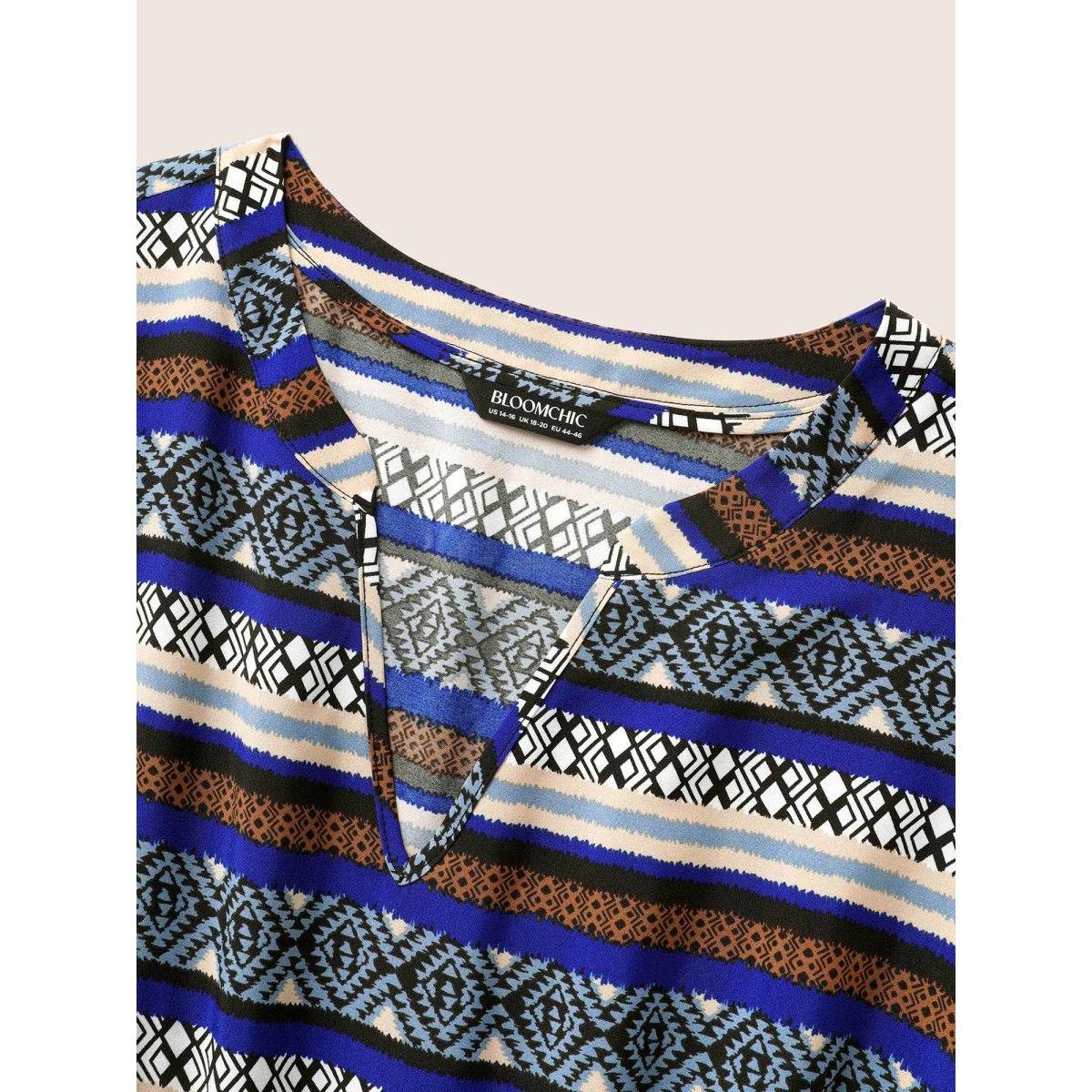 Plus Size Bandana Striped Curved Hem Ruffle Sleeve Dress Mediumblue Women Resort Gathered Notched collar Short sleeve Curvy BloomChic 10/M Product Image