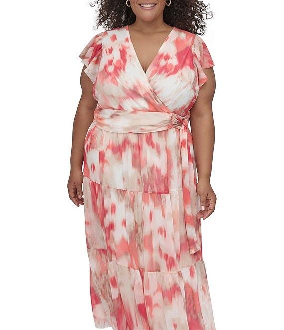 Donna Karan Plus Size V-Neck Flutter Sleeve Tiered A Line Dress Product Image
