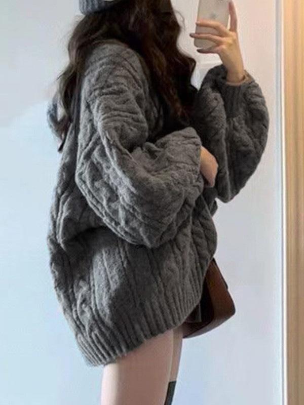 Oversize V Neck Gray Cable Knit Sweater Product Image