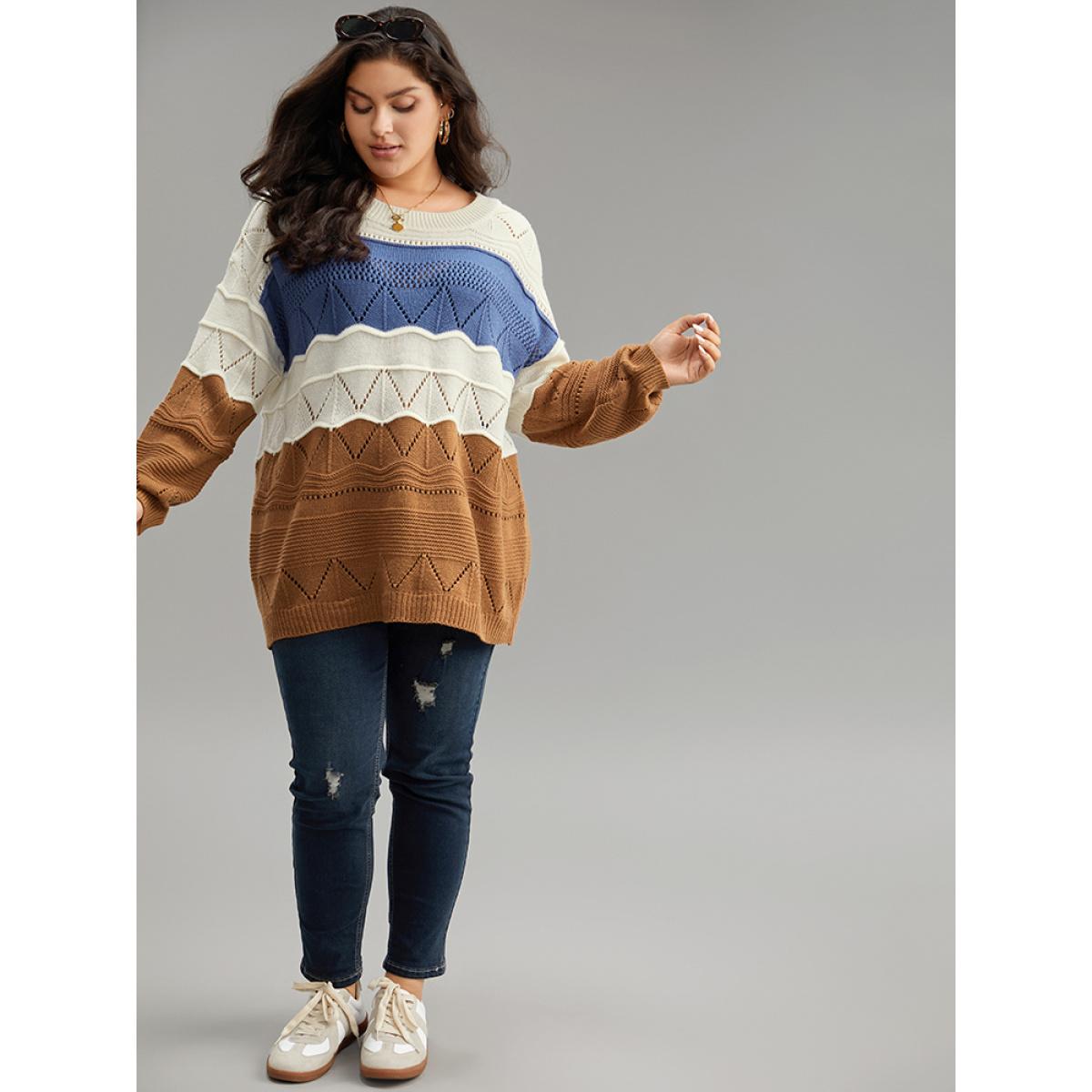 Plus Size Contrast Eyelet Patchwork Elastic Cuffs Pullover Multicolor Women Casual Loose Long Sleeve Round Neck Dailywear Pullovers BloomChic 28/5X Product Image