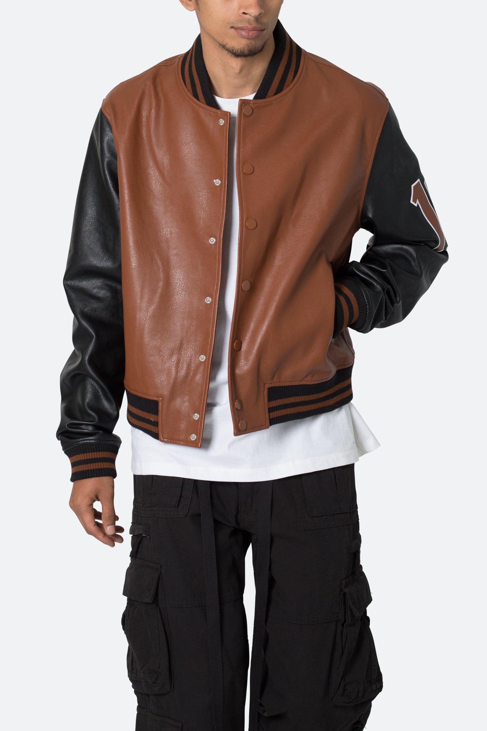 PU Varsity Jacket - Black/Brown Product Image