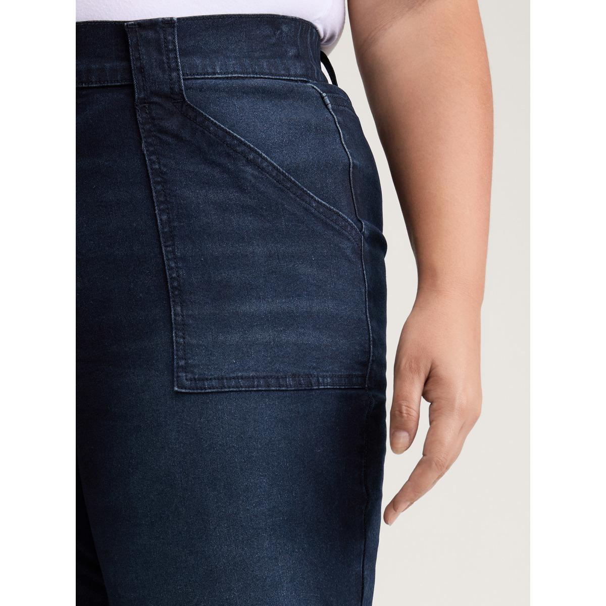 Plus Size Supersoft Front Pockets Straight-Leg Mid-Rise Jeans Women Darkindigo Leisure Cut-Out High stretch Slanted pocket Jeans BloomChic 28/5X Product Image