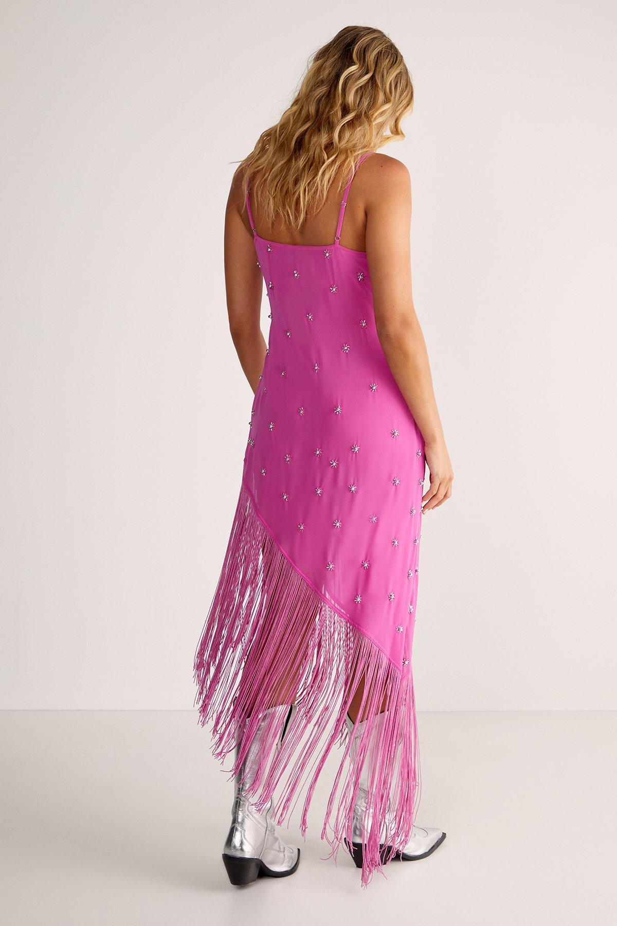 Studded Fringe Asymmetric Midi Dress Product Image
