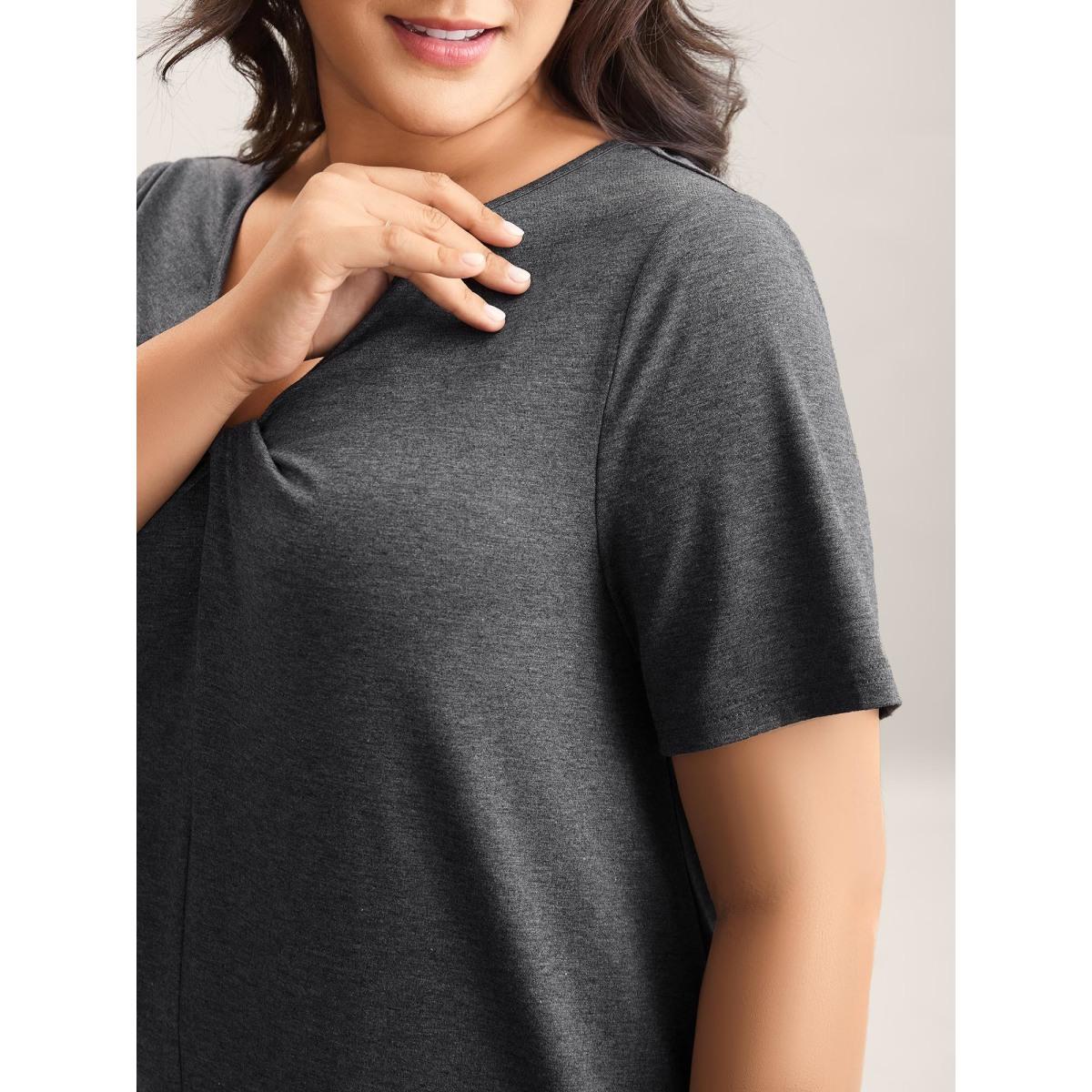 Plus Size Supersoft Cinched Neck Plain T-Shirt DimGray Women Leisure Twist Asymmetrical Neck Casual T-shirts BloomChic 14-16/1X Product Image