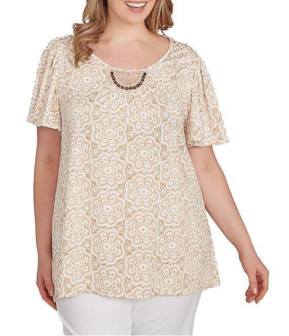 Ruby Rd. Plus Size Embellished Beaded Macrame Scoop Neck Short Sleeve Top Product Image