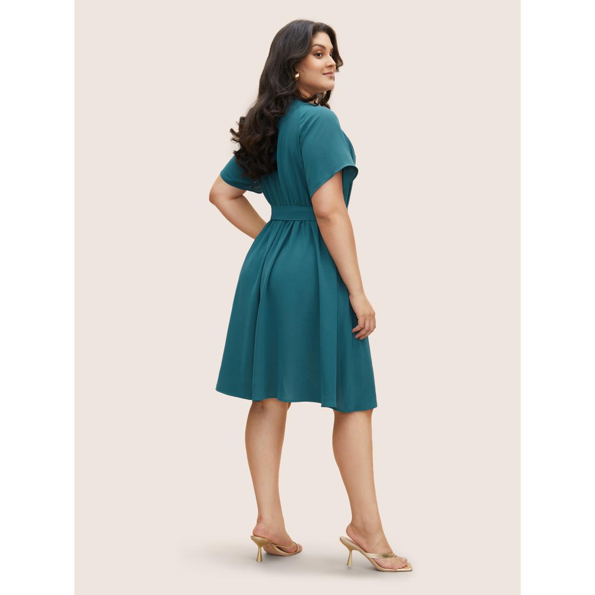 Plus Size Shirred Notched Button Up Belted Dress Aegean Women Elegant Gathered Flat collar with V-notch Short sleeve Curvy BloomChic 26/4X Product Image