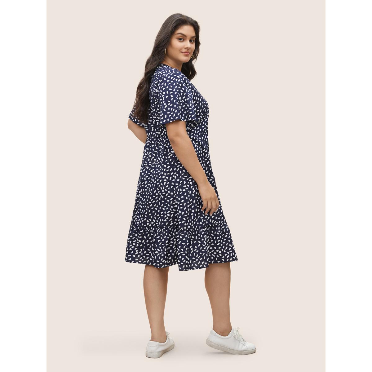 Plus Size Polka Dot Button Detail Flutter Layered Hem Dress DarkBlue Women Casual Non V-neck Short sleeve Curvy Midi Dress BloomChic 18-20/2X Product Image