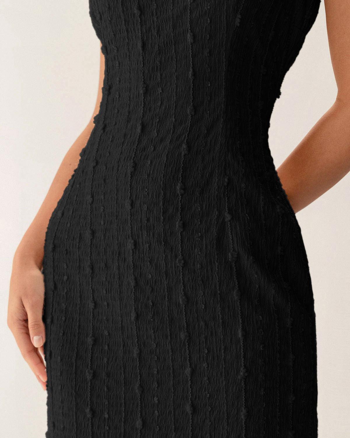 Black Textured Bodycon Beaded Strap Midi Dress Product Image