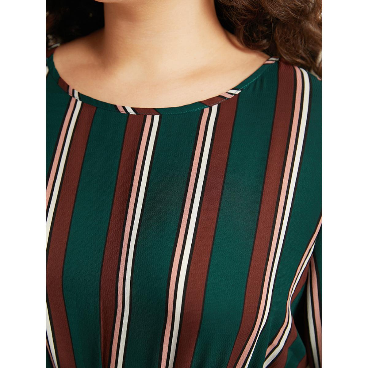 Plus Size Striped Contrast Crew Neck Belted Dress Multicolor Women Office Elastic cuffs Round Neck Long Sleeve Curvy Midi Dress BloomChic 22-24/3X Product Image