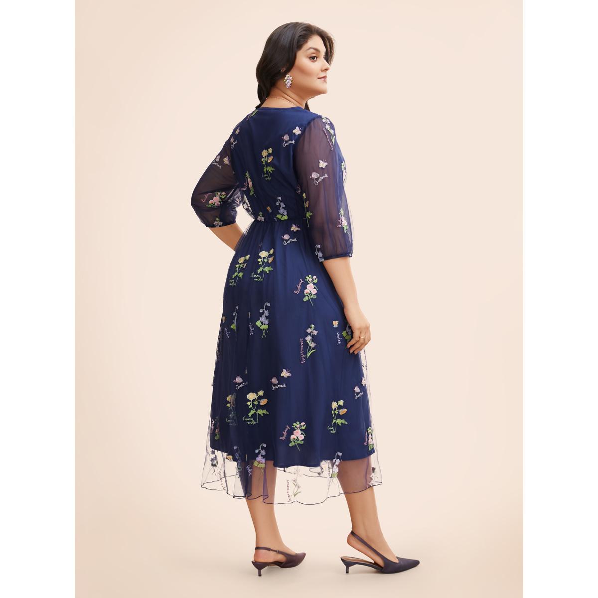 Plus Size Floral Embroidered Mesh Patchwork Lantern Sleeve Dress Indigo Women Formal Texture V-neck Elbow-length sleeve Curvy BloomChic 14-16/1X Product Image
