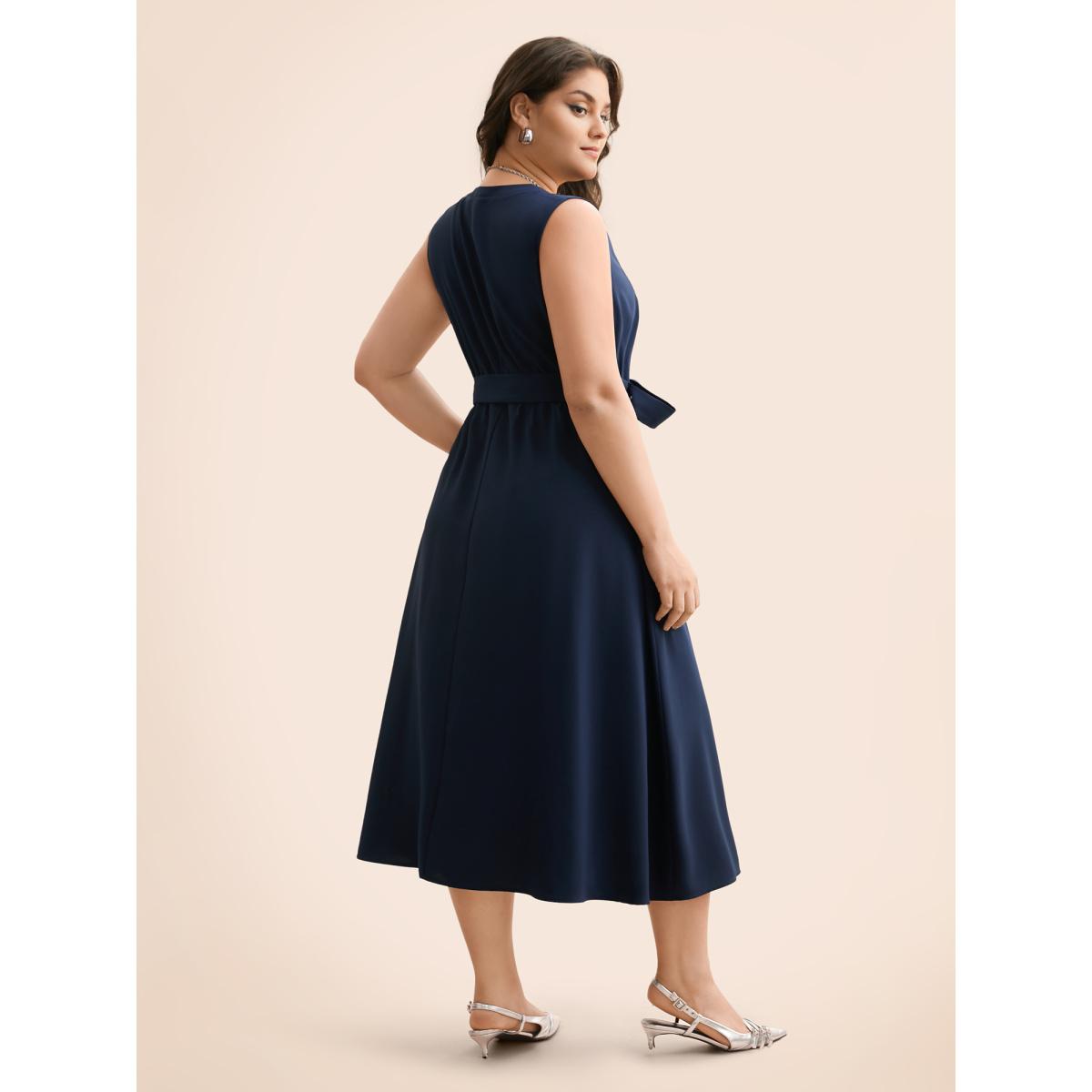 Plus Size Notched Collar Belted Tank Dress Indigo Women Workwear Essentials Belted Notched collar Sleeveless Curvy BloomChic 10/M Product Image