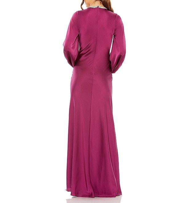 Mac Duggal Long Bishop Sleeve Beaded Crew Neck Satin Gown Product Image