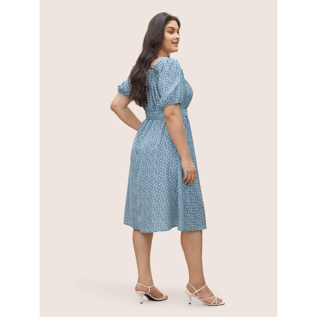 Plus Size Ditsy Floral Tie Neck Frill Trim Belted Dress Cerulean Women Elegant Non V-neck Short sleeve Curvy Midi Dress BloomChic 22-24/3X Product Image