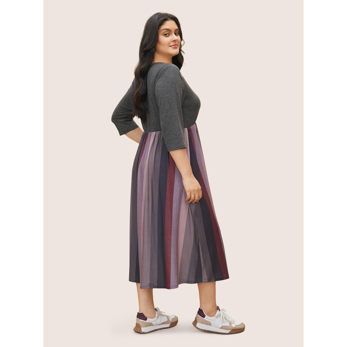 Plus Size Solid Patchwork Pocket Striped Flutter Hem Dress Burgundy Women Leisure Non Round Neck Elbow-length sleeve Curvy Midi Dress BloomChic 18-20/2X Product Image