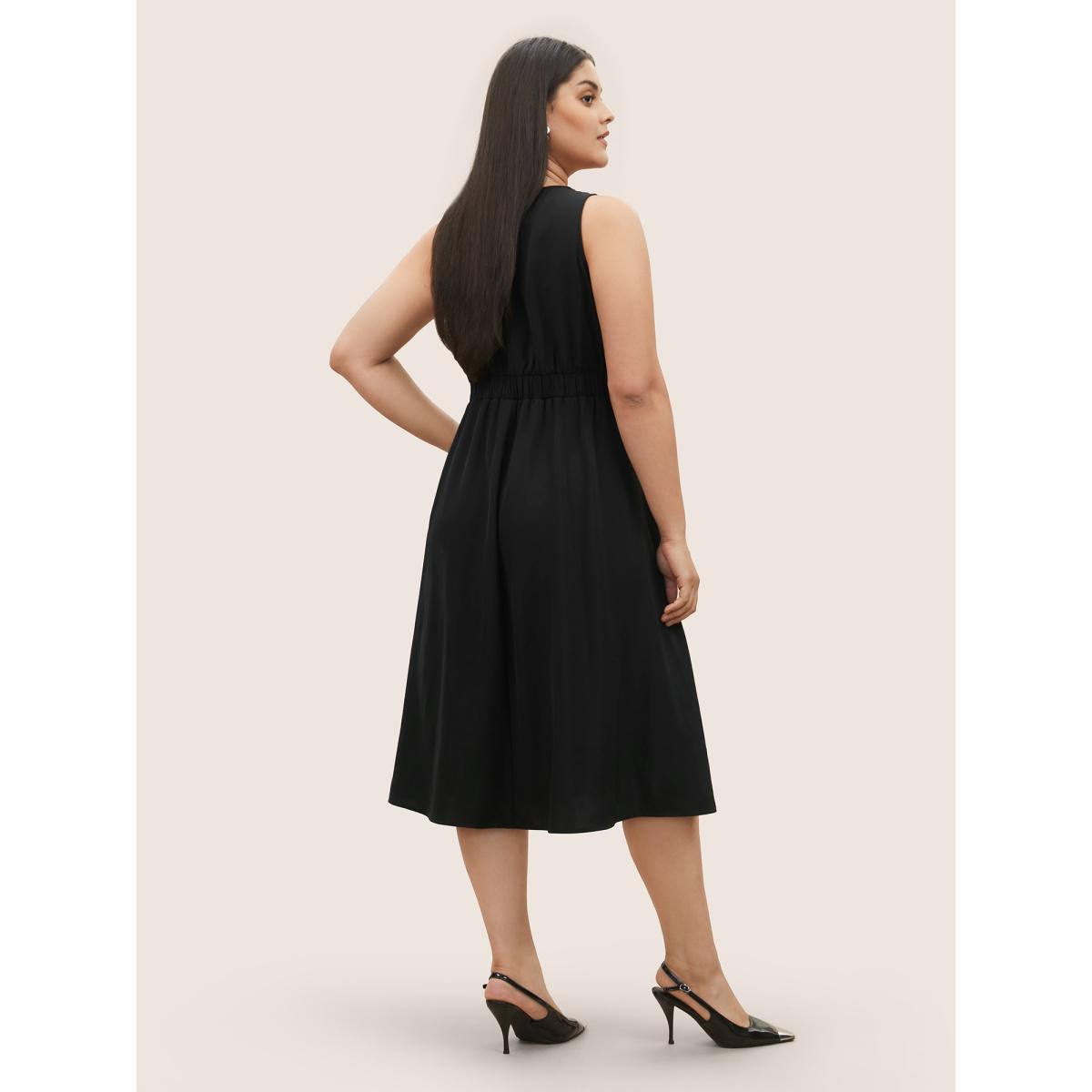Plus Size Asymmetrical Neck Button Detail Midi Dress Black Women At the Office Non Asymmetrical Neck Sleeveless Curvy Midi Dress BloomChic 26/4X Product Image