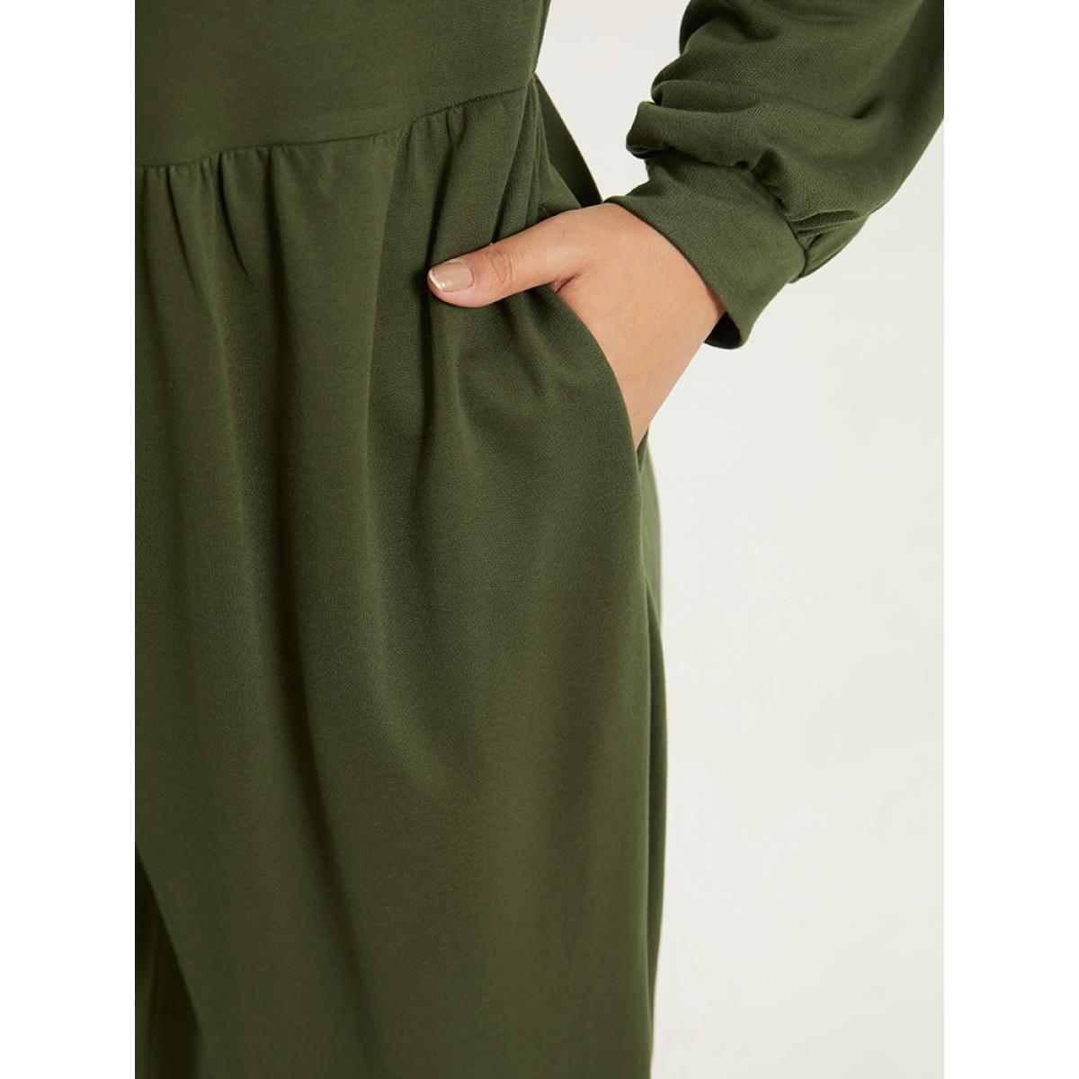 Plus Size ArmyGreen Solid Half Zip Hooded Gathered Jumpsuit Women Casual Long Sleeve Hooded Dailywear Loose Jumpsuits BloomChic 12/L Product Image