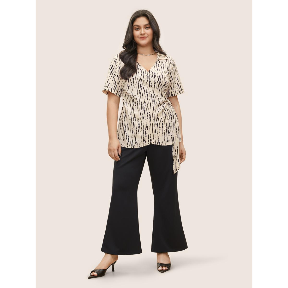 Plus Size Apricot Geometric Overlap Collar Buckle Detail Blouse Women At the Office Short sleeve Overlap Collar Work Blouses BloomChic 12/L Product Image