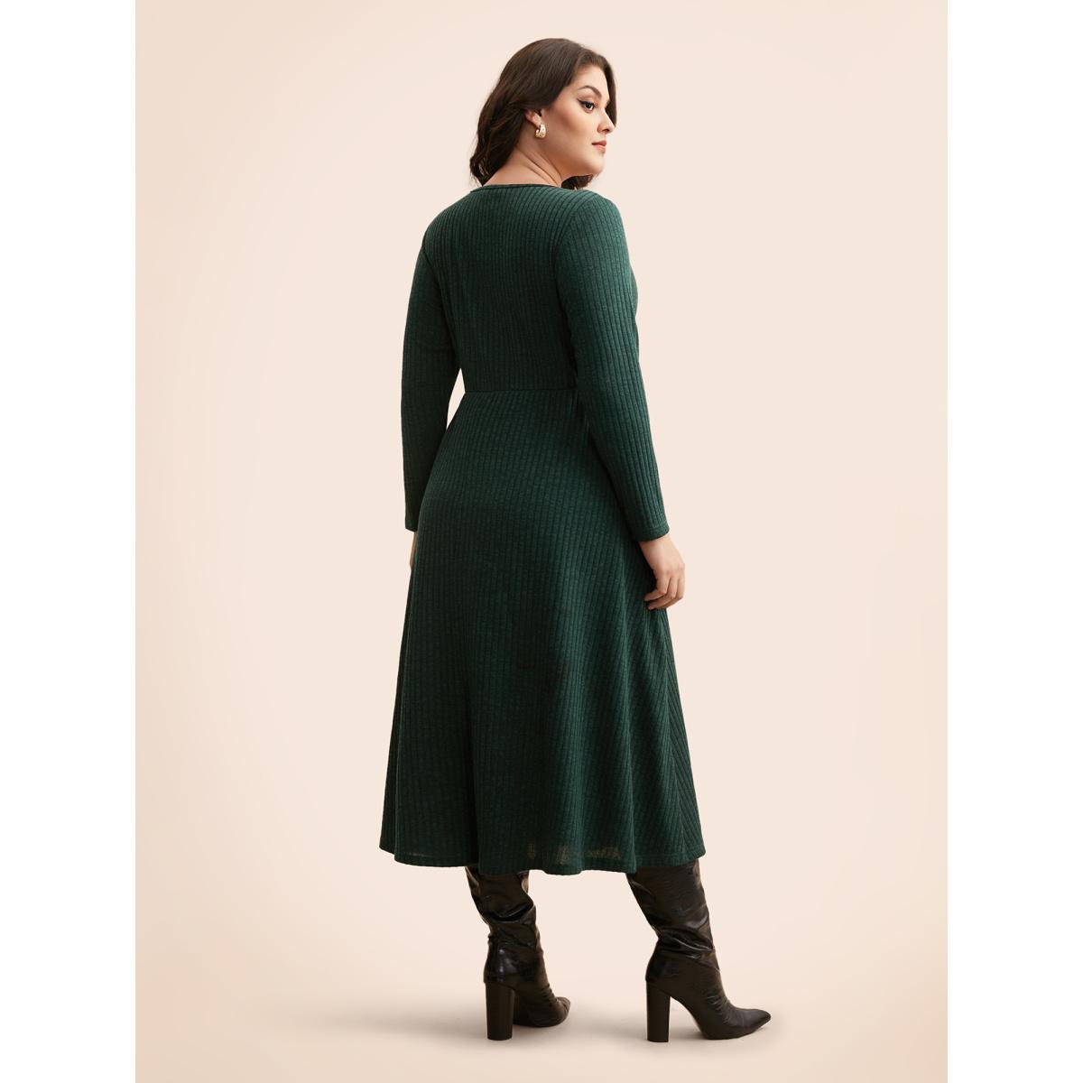 Plus Size Rib Knit Asymmetrical Neck Midi Dress DarkGreen Women Elegant Texture Asymmetrical Neck Long Sleeve Curvy BloomChic 26/4X Product Image