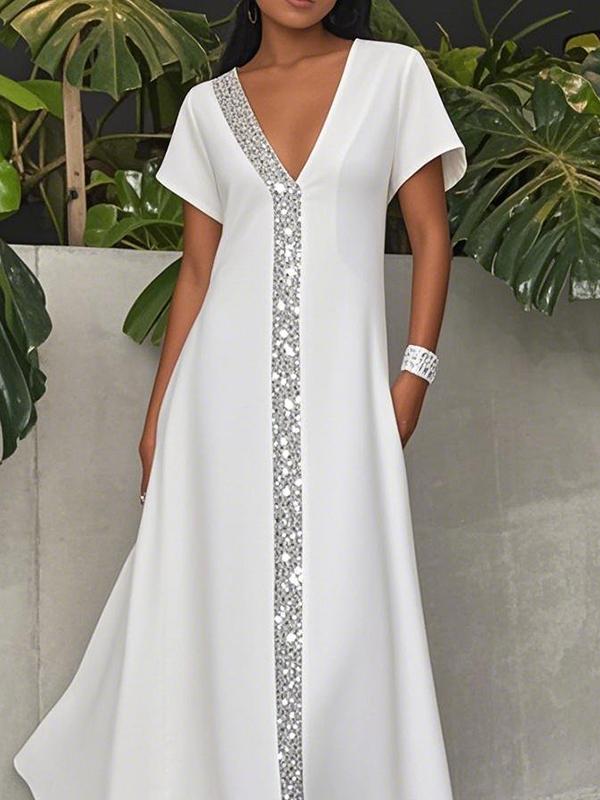 A-Line Loose Pockets Shiny Solid Color V-Neck Maxi Dresses Product Image