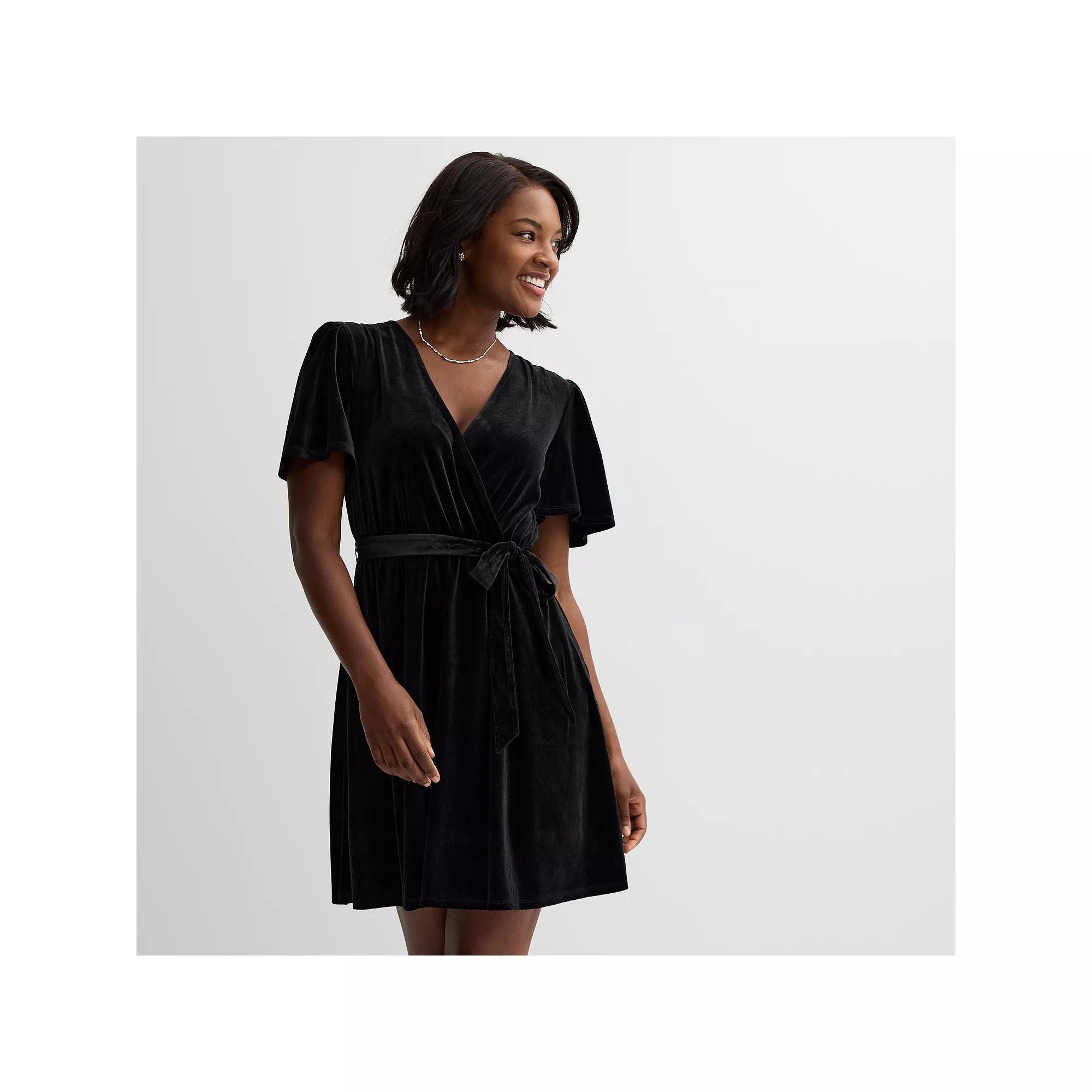 Women's Draper James Flutter Sleeve Tie Waist Velvet Dress, Size: Small, Black Product Image