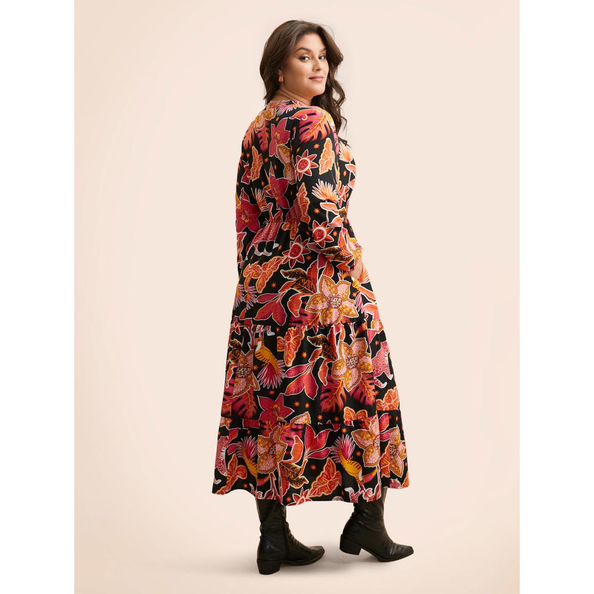 Plus Size Notched Floral Elastic Waist Maxi Dress Black Women Elegant Button Flat collar with V-notch Long Sleeve Curvy BloomChic 26/4X Product Image
