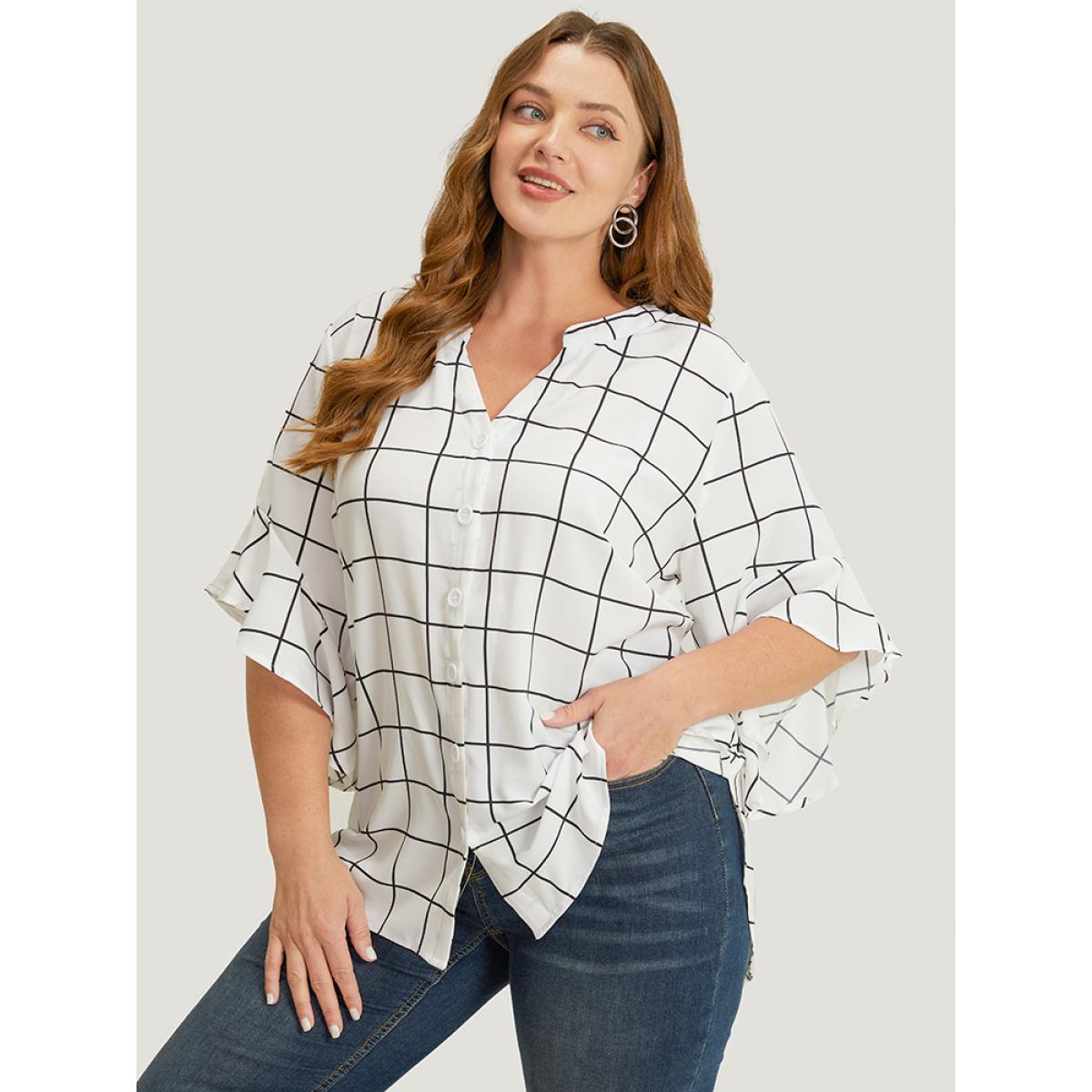 Plus Size White Plaid Notched Button Up Ruffle Sleeve Split Hem Blouse Women Office Elbow-length sleeve Notched collar Office Blouses BloomChic 28/5X Product Image